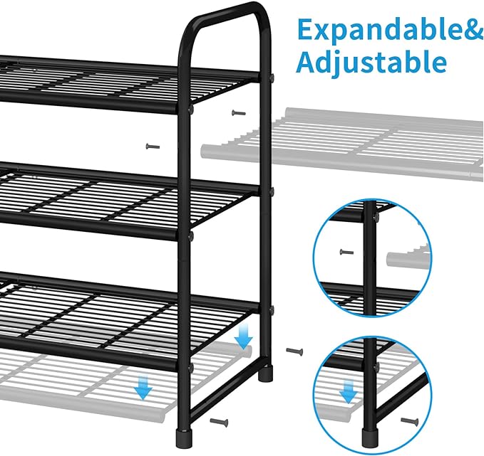 Simple Trending 3-Tier Stackable Shoe Rack, Expandable & Adjustable Shoe Shelf Storage Organizer, Wire Grid, Black