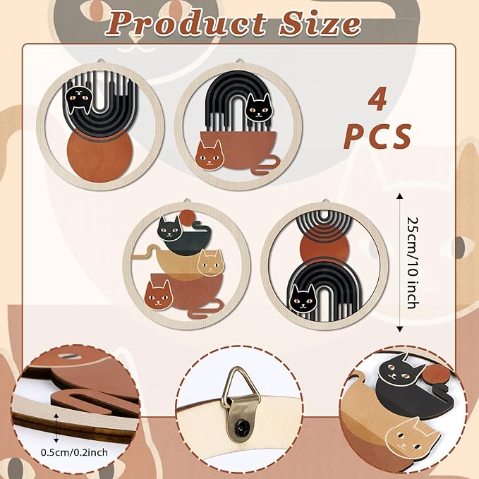 HPNIUB Boho Black Cat Wall Decor, Farmhouse line Geometric Coffee Tea Hanging Wooden Wall Art, 4 Pieces 10''x10'' Mid Century Abstract Sun Wood Sign for Nursery Bedroom Decoration, Lovely Cat Gifts