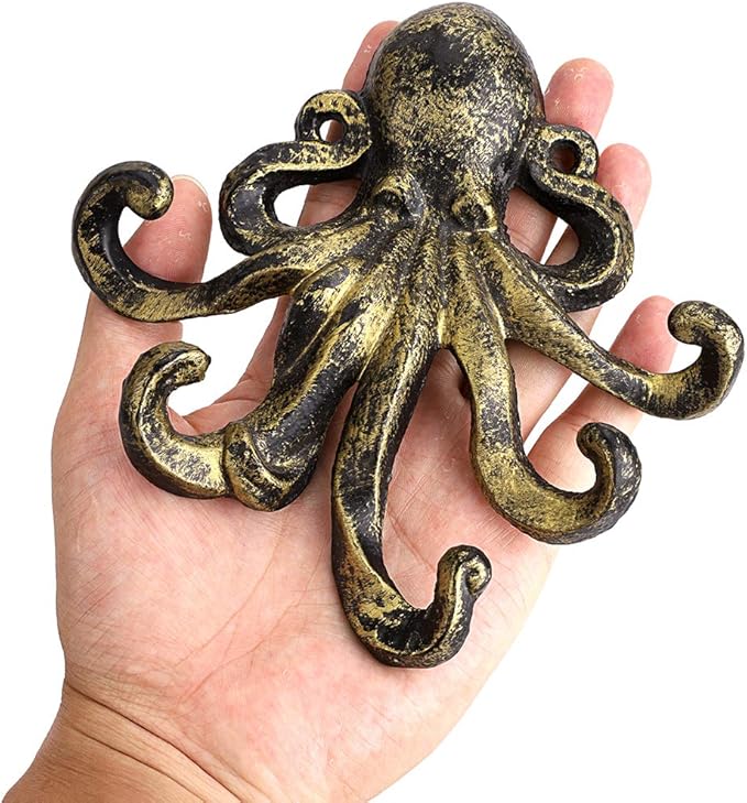 Sumnacon 6 Inch Cast Iron Octopus Decorative Coat Hook - Wall Mounted Nautical Hand Towel Rack Holder with Screws, Rustic Metal Clothing Hanger for Bedroom/Bathroom/Kitchen/Balcony, Green Bronze
