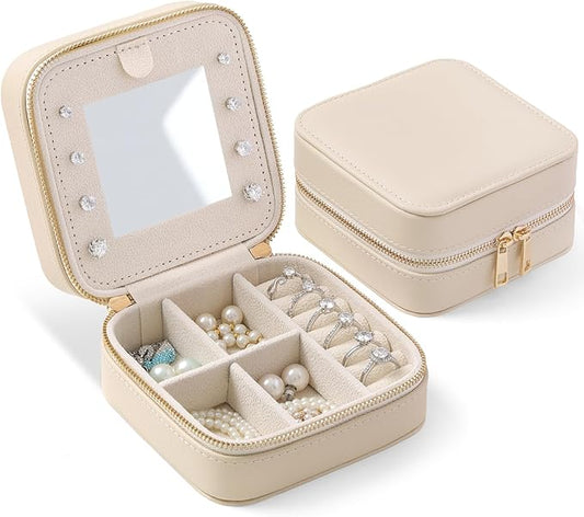 Genuine Leather Travel Jewelry Organizer Case with Mirror for Women, Small Mini Portable Jewelry Box for Ring Earrings Necklace Bracelet Luxury Gift for Women（Beige）