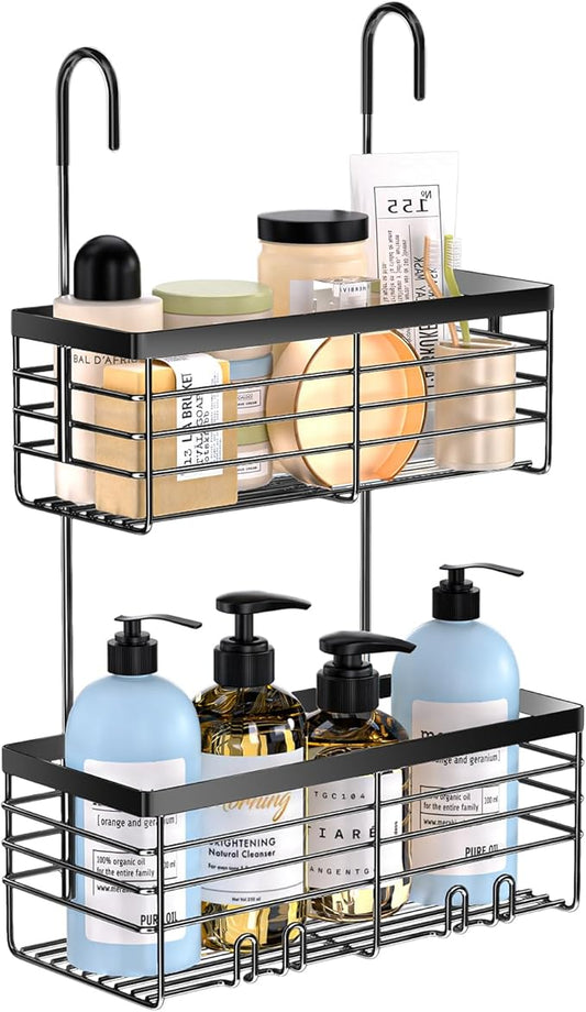 YUOROS Hanging Shower Caddy, 2 Tier Over the Door Shower Organizer Rack Organizer Stainless Steel Rustproof (Black)