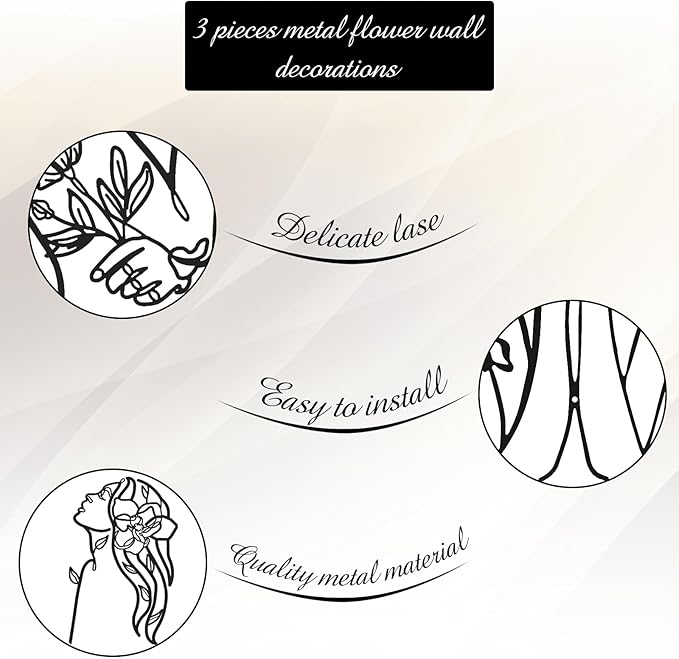 Photect 3 Pcs Metal Wall Art Decor Minimalist Abstract Woman Wall Art Metal Modern Line Drawing Decor Female Single Line Home Hanging for Bedroom Bathroom Living Room Christmas Housewarming(Stylish)