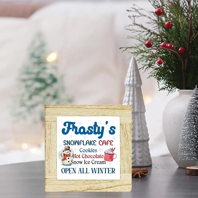 Winter Hot Cocoa Bar Sign Winter Snowman Signs for Home Decor Coffee Bar Christmas Decor for Table Frosty's Snowflake Cafe Sign 6 x 6 inches