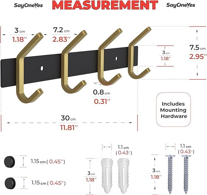 Coat Rack Wall Mount – Black and Gold Hook Rail with 4 Double Coat Hooks, 12 Inch Stainless Steel Wall Hooks for Entryway, Bathroom, Bedroom, Closet, Towel, Hat, Bag, Heavy Duty Organizer