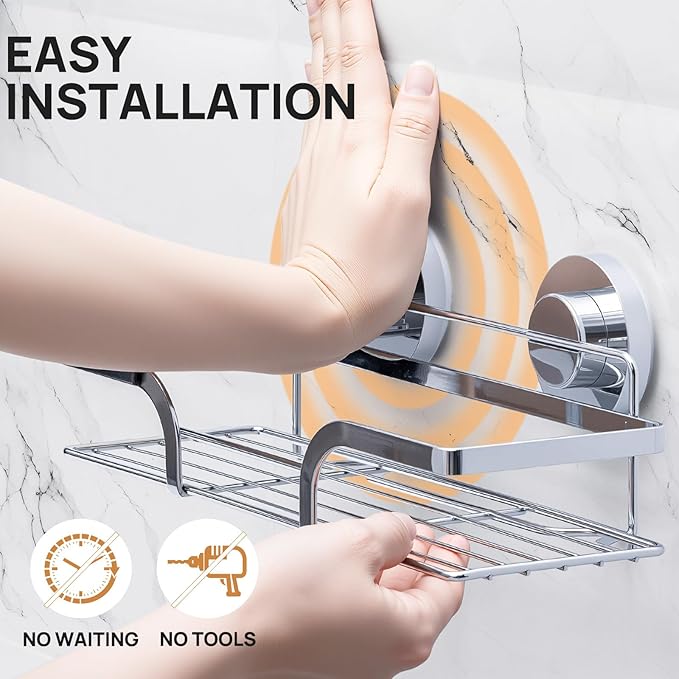 LEVERLOC 2 Pack Shower Caddy Suction Cup, Shower Shelves for Inside, Rustproof Metal Bathroom Storage NO-Drilling Bath Organizer with Large Capacity,Heavy Duty Storage Basket,Home Decor,Silver