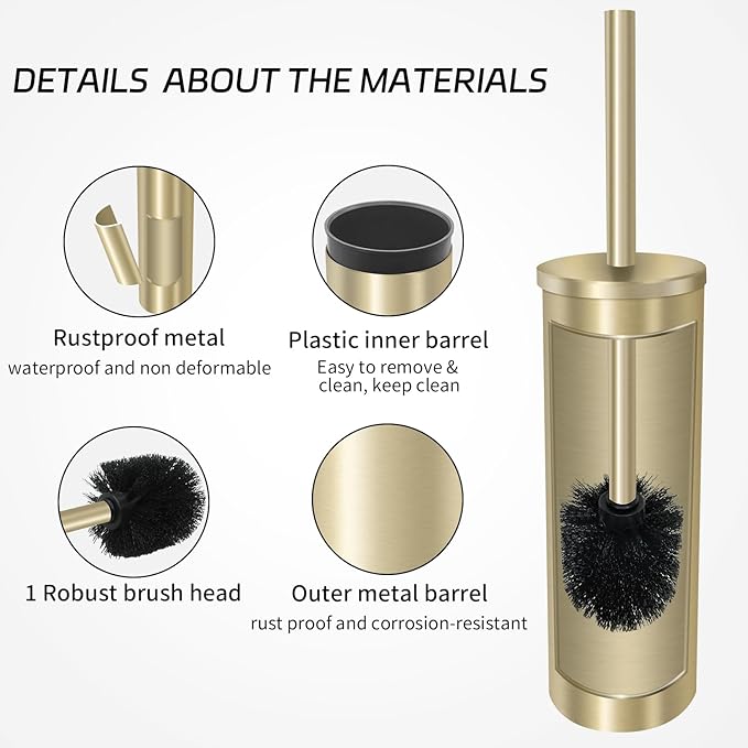Stainless Steel Toilet Brush with Holder Set for Bathroom Storage and Organization Toilet Bowl Cleaner Brush and Holder (1, Gold)