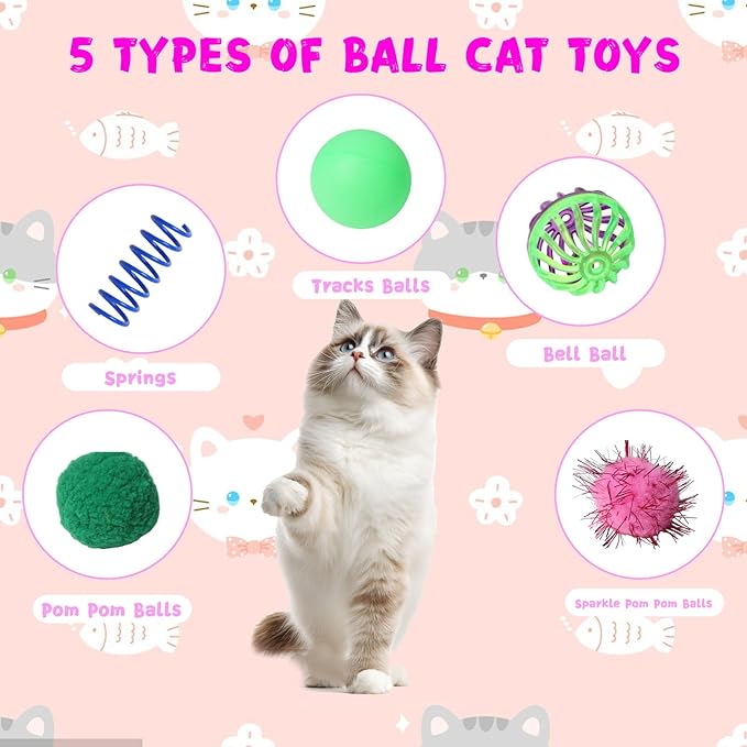 Cat Toys for Indoor Cats 40 PCS Kitten Toys Cat Interactive Toys Pack Including Cats Springs Sparkle Ball Pom Pom Ball Jingle Balls Tracks Balls