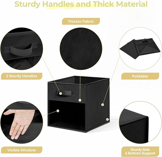 Storage Bins with Clear Window, 13x13 Storage Cubes, Collapsible Cube Storage Box, Fabric Closet Organizers with Handles for Home, Office, Shelf, Closets, Living Room, Black, 6 Pack
