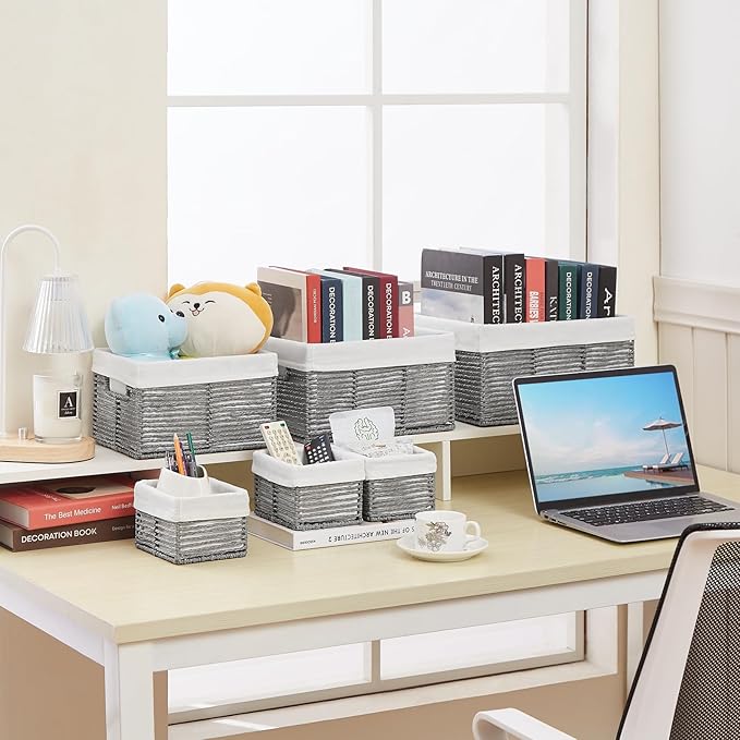 Vagusicc Wicker Storage Basket, 6 Pack Baskets for Organizing, Wicker Baskets with Handle, Rectangular Wicke Basket for Storage Shelves, Cube Storage Bins for Closet/Clothes/Dresser, Grey