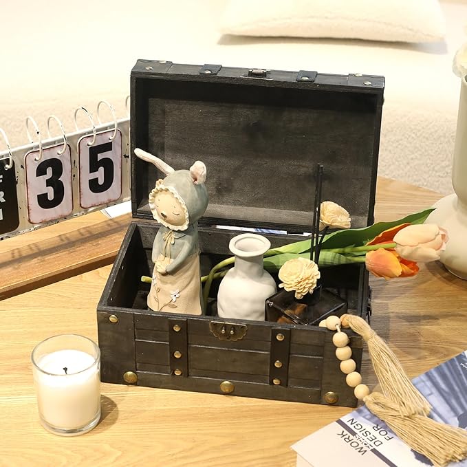 Vintage Wooden Treasure Chest (11" x 7.1" x 5.5") - Decorative Pirate Box with Sturdy Hinged Lid - Antique Style Storage Trunk for Classroom, Keepsakes, & Party Props, Black