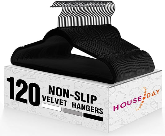 HOUSE DAY Black Velvet Hangers 120 Pack, Non Slip Felt Hanger, Slim Velvet Clothes Hangers for Suits, Shirt, Heavy Duty Coat Hanger for Closet