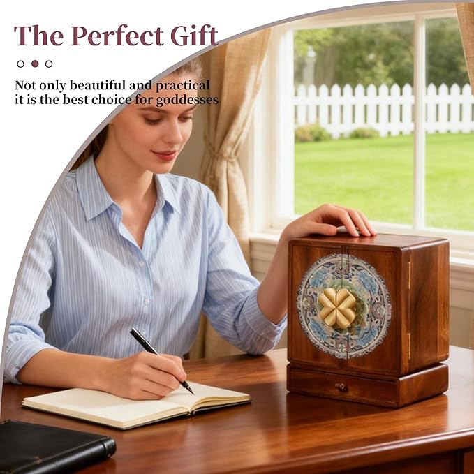 Wooden Jewelry Box for Women Jewelry Box With Drawers Walnut Wood (Walnut Wood with printing B)