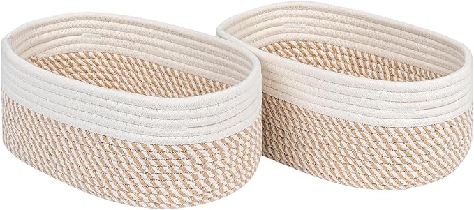 CubesLand Small Storage Baskets for Shelves, Closet Organization Bins Empty Gift Basket 2 Packs Baby Nursery Woven Organizing, Rectangular Clothes Shelves Off White/Mixed Camel