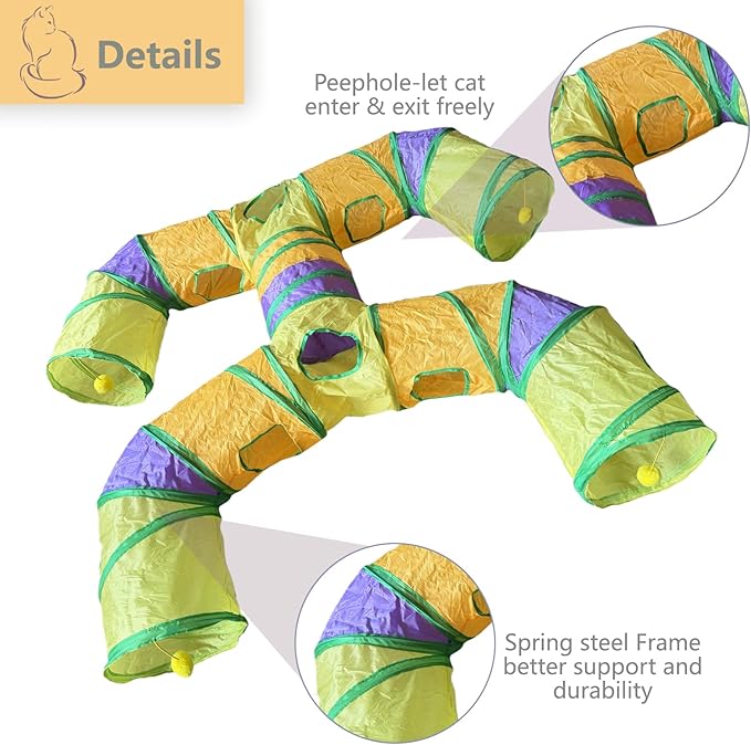 Foldable H-Shaped Cat Tunnel Toy with Interactive Playing Balls - 4 Exits for Cats, Kittens, Rabbits & Small Pets Collapsible Play Tube for Indoor Fun & Exercise (Colorful)