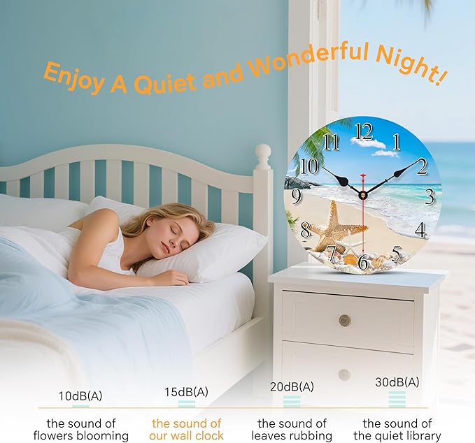 8 Inch Wall Clock Coastal Seashell Starfish Beach Decorative Clocks, Silent Non Ticking Battery Operated Palm Tree Wall Clock for Bedroom/Living Room/Kitchen