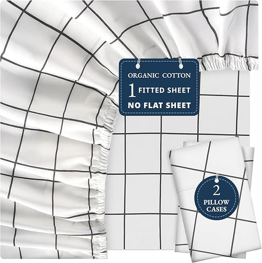 LANE LINEN Fitted Sheet King Size, 100% Organic Cotton, 3-Piece Set (1 Fitted Sheet,2 Pillowcases), Percale Weave, Ultra Soft, Breathable,Fits Mattress Upto 15" Deep - Windowpane(No Flat Sheet)