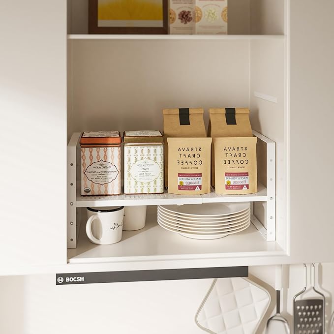 Multi-Functional Metal Shoe Rack,Expandable Adjustable Stackable Kitchen Organizer,Metal Shelf risers for cabinets, Kitchens and Closet, Bathroom(2Packs/White/Large)