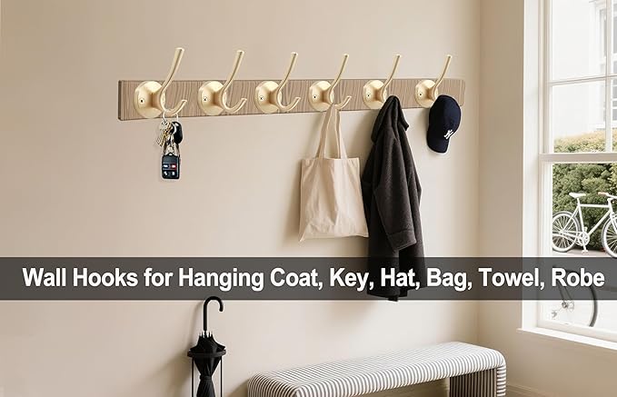 Gold Wall Hooks, 5 Pack Coat Robe Hook Heavy Duty Metal Double Bath Hook Wall Mounted, Hand Towel Hooks for Cubicle Bathroom Kitchen Closet Garage