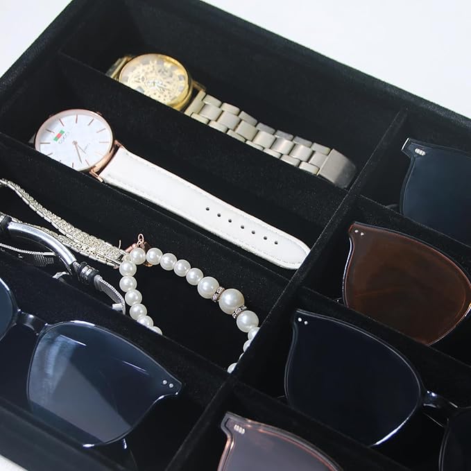 Coward Sunglass Organizer, Black Velvet Glasses Trays, Eyeglasses Watches Jewelry Display - Men Women (8 Grids)