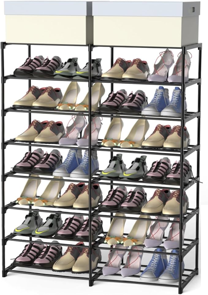 Large Shoe Rack Organizer, 2-Row 8-Tier Tall Shoe Storage Shelf for Closet, Entryway, Garage, Metal Free Standing Shoe Holder for 28-32 Pairs Shoes, Sturdy Stackable Shoe Stand for Bedroom