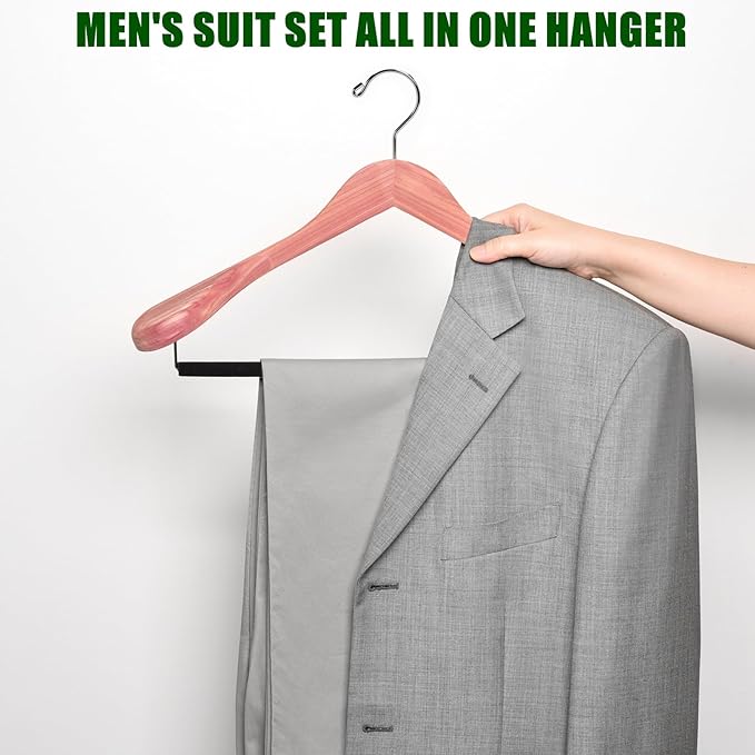 Amber Home 5 Pack American Red Cedar Wood Coat, Suit Hangers with Extra Wide Shoulder, Wooden Jacket Clothes Hanger Smooth Deluxe Aromatic Natural Cedar with Non Slip Velvet Pant Bar