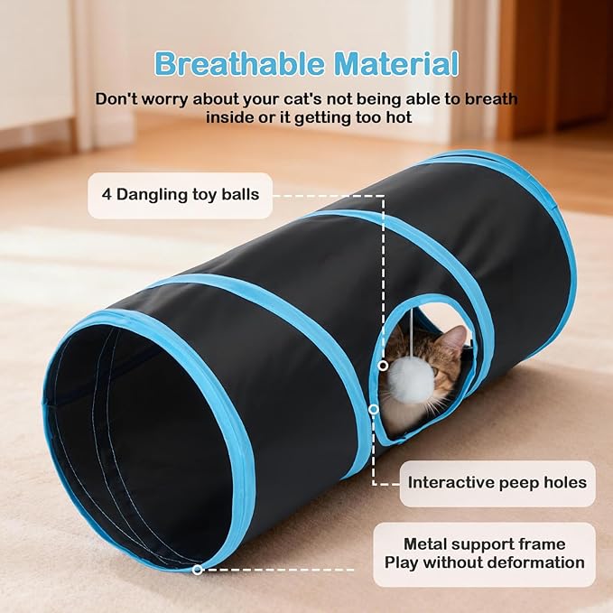 Cat Tunnel 3 Straight Shaped Pet Tunnels, Tube Cat Toys 6 DIY Shapes with Wand Toys, Scratch Resistant Collapsible Cats Tubes for Indoor Puppy, Kitten, Rabbit Black 82in