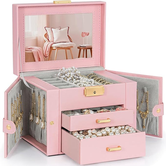 TORIBIO Jewelry Box for Women, Leather Jewelry Organizer with Mirror & Lock, 3-Tier Jewelry Storage Organizer with 2 Drawers for Girls/Women/Mothers, Necklace Earring Bracelets Holder Organizer