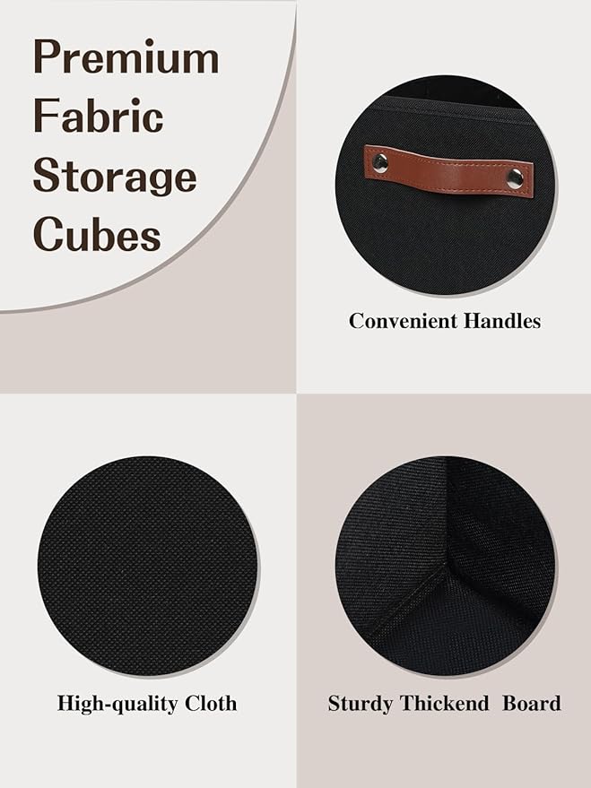 Temary 11x11 Storage Cubes Fabric Cube Storage Bins with Handles Clothes Storage Boxes Baskets for Organizing Home, Shelf, Closet (Black, 11 x 11 x 11)