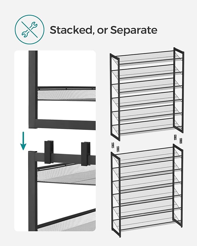 SONGMICS Shoe Rack, 12-Tier Shoe Organizer, Metal Shoe Storage for Garage, Entryway, Set of 2 6-Tier Stackable Shoe Shelf, with Adjustable Flat or Angled Shelves, Holds 48-60 Pairs, Black ULMR12B