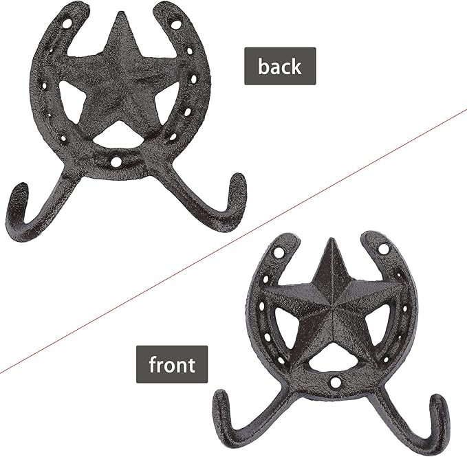 JUXYES Pack of 2 Cast Iron Lucky Horseshoe Wall Mounted Hook Heavy Duty Rustic Country Wall Coat Hook Star Decorative Hook Farmhouse Horse Shoe Vintage Towel Hook for Hats Coats Keys