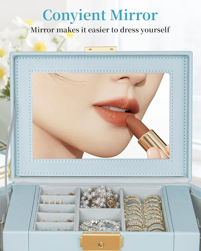 TORIBIO Jewelry Box for Women, Leather Jewelry Organizer with Mirror & Lock, 4-Tier Jewelry Storage Organizer with 3 Drawers for Girls/Women/Mothers, Necklace Earring Bracelets Holder Organizer