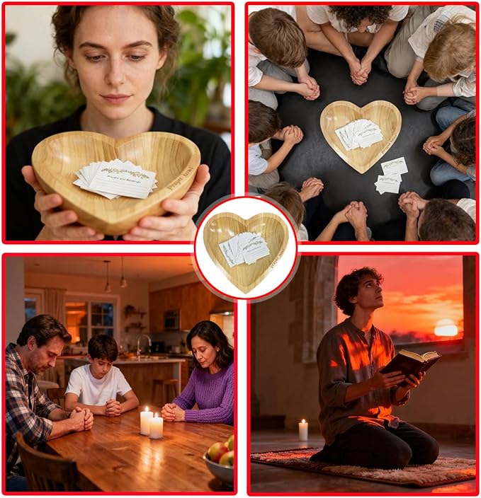 Heart Prayer Bowl with Blessing Cards, Handcrafted Wooden Christian Gift for Women, Men - Meditation, Birthday, Retirement, Easter Keepsake for Mom, Dad