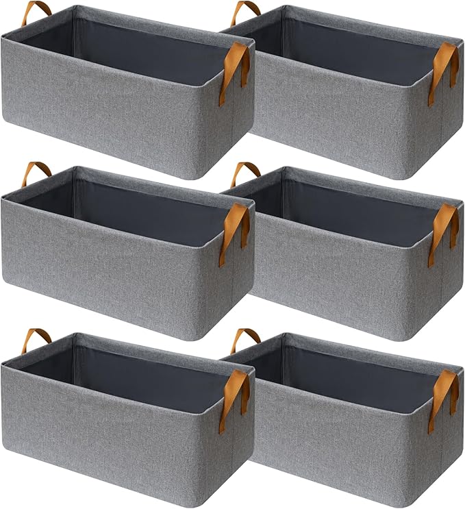 SNWDN 6 Pack Closet Cloth Storage Bins for Shelves,Large Storage Baskets for Shelves, Fabric Bins for Closet organization with Handles（Grey 17''L x 12''W x 10''H）