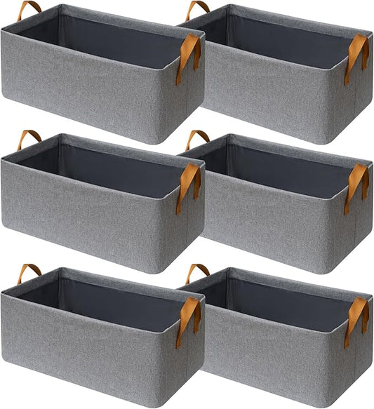 SNWDN 6 Pack Closet Cloth Storage Bins for Shelves, Medium Storage Baskets for Shelves, Fabric Bins for Closet organization with Handles（ Gray 15''L x 10''W x 8''H）
