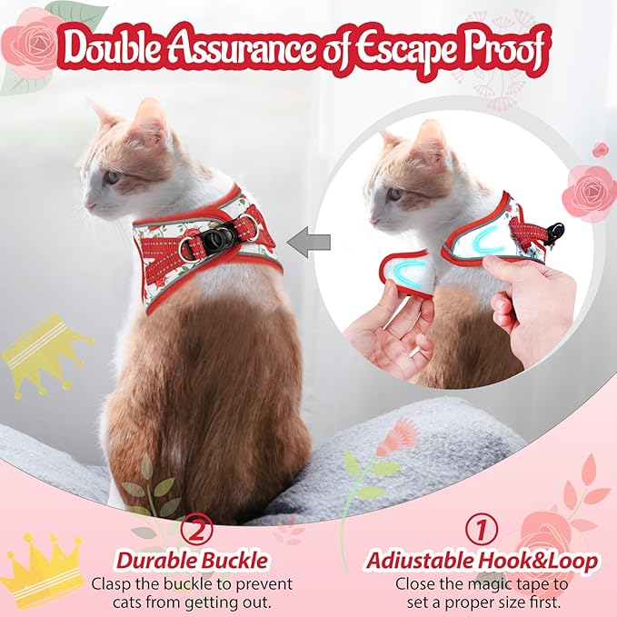 Cat Harness and Leash Escape Proof for Walking, Adjustable Soft Kitten Harness with Reflective Straps Step in Cat Vest Harness for Small Kitten and XS Dogs (Red, XXS-Chest(8.7"-10.2"))