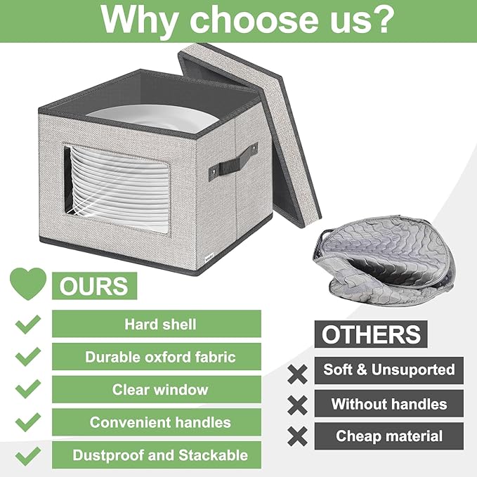 homyfort China Storage Containers With Lid and Handles, Dinnerware Storage Box for Dishes with 12 Felt Dividers, Hold 24 Plates,12 x 12, Set of 2, Light Grey