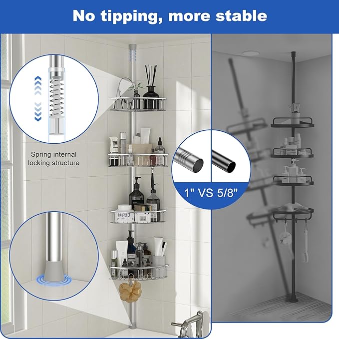Corner Shower Caddy Tension Pole: Aluminum Shower Caddy Rod with Stainless Steel 4 Adjustable Rustproof Shelves Organizer for Bathroom, 47-121 inch, No Drilling, Quick Installation, Heavy Duty