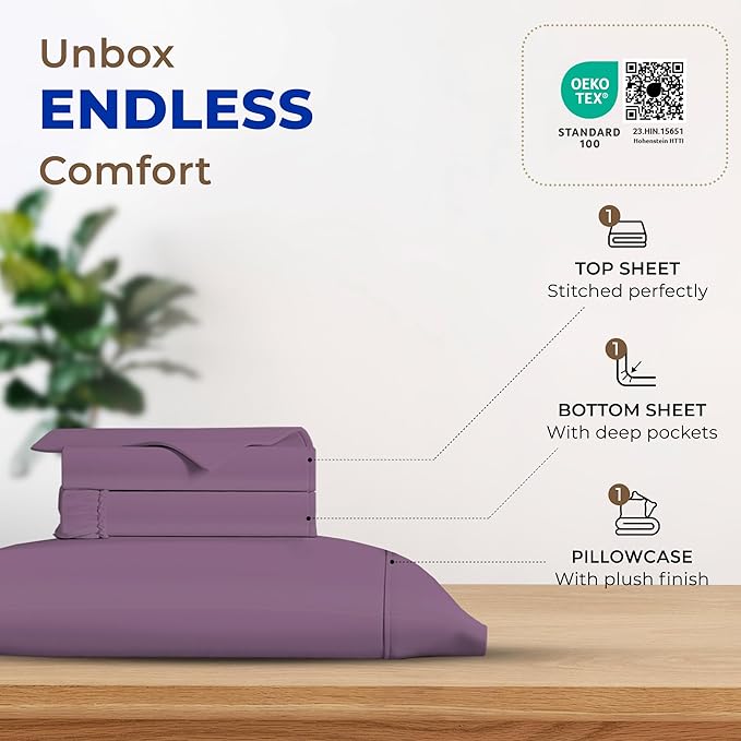 THREAD SPREAD Luxury Egyptian Cotton Sheets Twin XL Size - 600 Thread Count 3 PC Twin XL Sheets Deep Pockets, Extra Soft, Cooling Extra Long Staple Sateen Weave College Dorm Bedding Twin XL - Plum