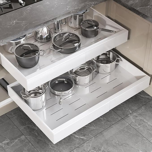2 Pack Pull Out Cabinet Organizer 19" Deep With Raising Pad for Framed Cabinets,Full Extension 3 Slide Rails,Expandable Width (15.4"-26.2") Slide Out Drawers,No Drill Roll Out Shelves,White