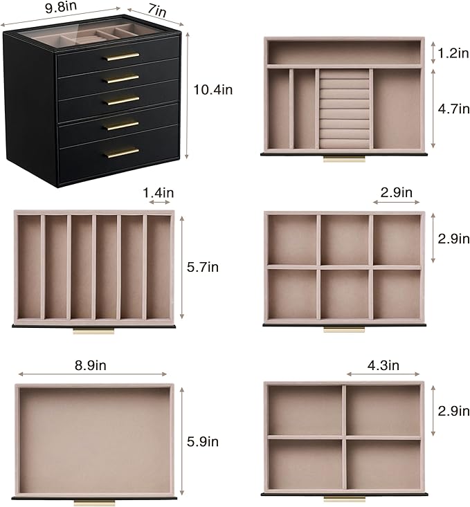pickpiff Jewelry Box Organizer Case for Women: 5-Layer Jewelry Storage Case with Glass Window, Black Leather with Blush Velvet, Holder for Ring Necklace Bracelet Brooch Watch, Great Gift for Her