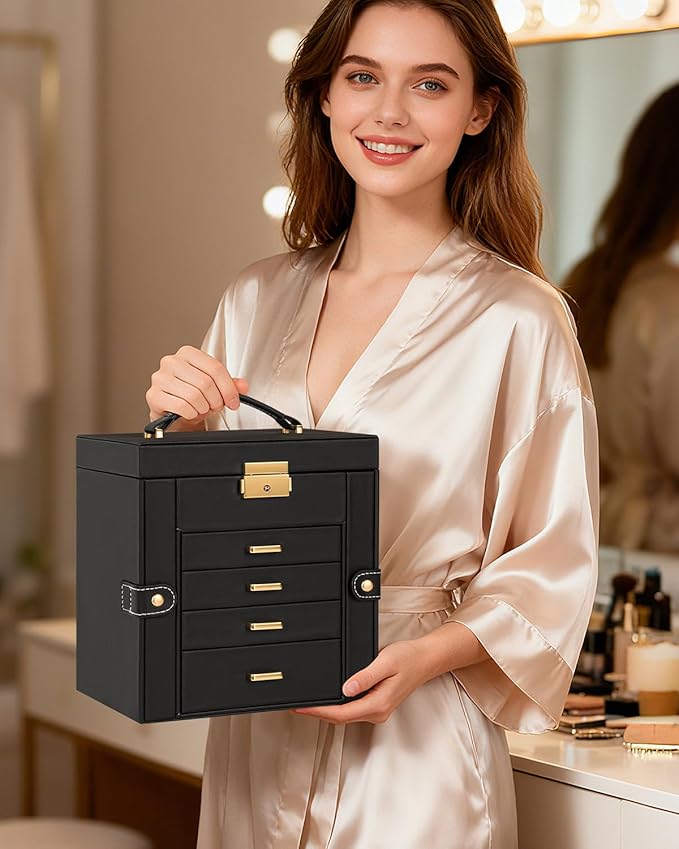 TORIBIO Jewelry Box for Women, Leather Jewelry Organizer with Mirror & Lock, 5-Tier Jewelry Storage Organizer with 4 Drawers for Girls/Women/Mothers, Necklace Earring Bracelets Holder Organizer