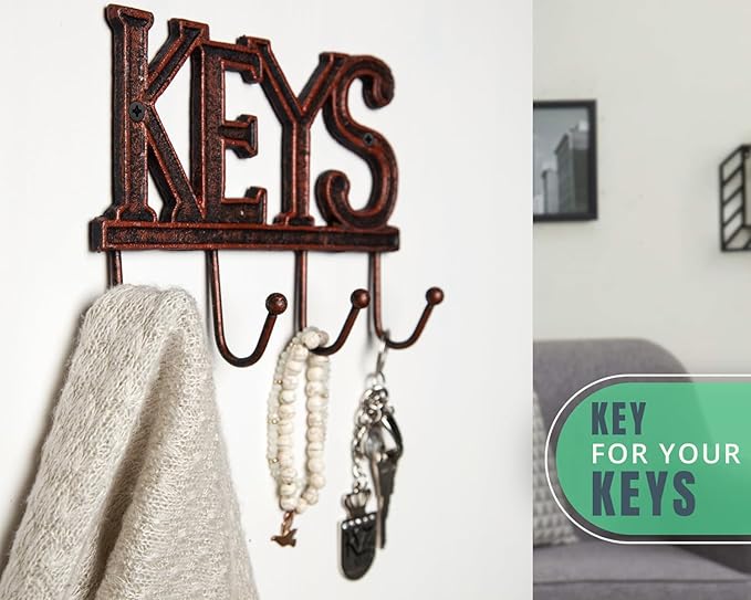 Comfify Key Holder for Wall - Decorative Farmhouse Rustic Wall Mount Key Organizer with 4 Hooks - Vintage Cast Iron Key Rack with Screws and Anchors – 6x8 - Copper with Black