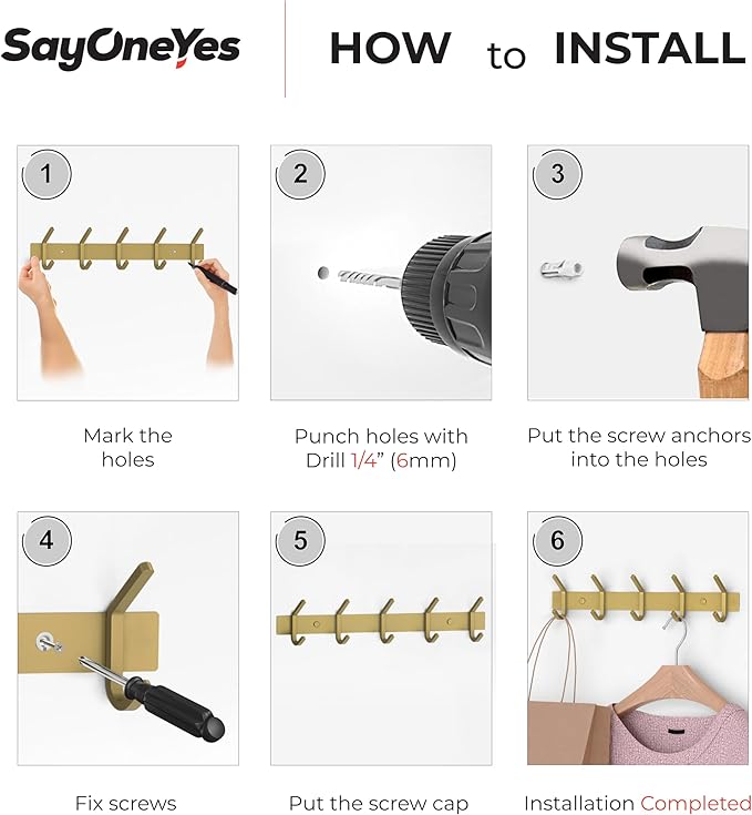 Brushed Gold Wall Mounted Coat Rack – 15 Inch Stainless Steel Rail with 5 Double Coat Hooks for Entryway, Bathroom, Bedroom, Kitchen – Modern Gold Hook Rack for Coats, Hats, Towels