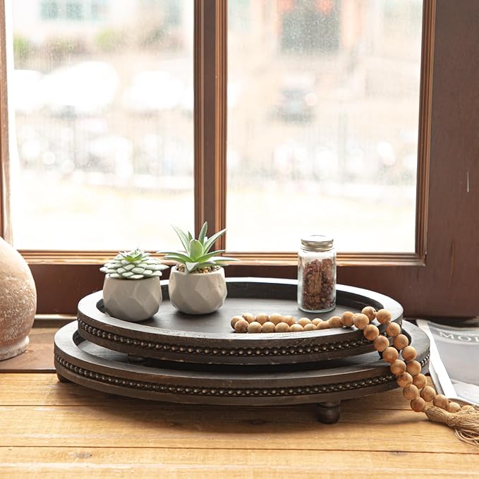 2 Piece Oval Black Wooden Serving Tray Set with Beaded Design, Centerpiece Table Decorations Tray for Living Room Ottoman, Coffee Table Tray for Farmhouse Home Decor