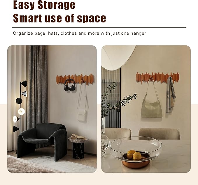 Wooden Coat Rack Wall Mounted Sticks Multi Rack Solid Handmade Natural Cherry Wood Artwork with 5 Flip-Down Unique Modern Hooks for Coats Bag Hat Umbrella