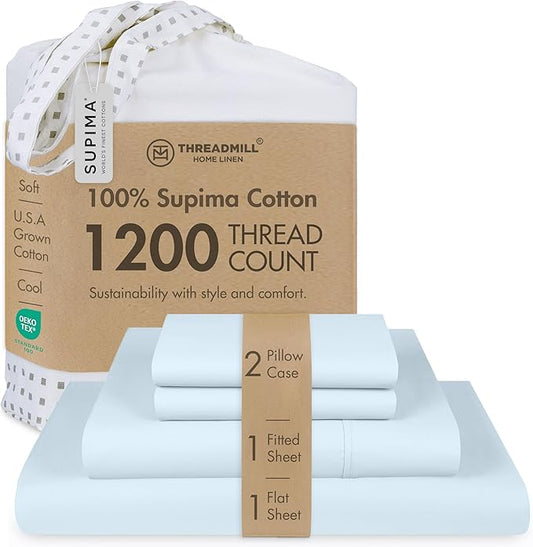 Threadmill California King Sheets, Certified American Supima Cotton Sheets, 1200 Thread Count Hotel Quality Sheet, 4 Piece Luxury Bed Sheets Set with Elasticized Extra Deep Pocket, Light Blue