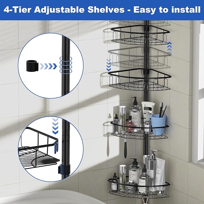 Corner Shower Caddy Tension Pole: Aluminum Shower Caddy Rod with Stainless Steel 4 Tier Adjustable Rustproof Shelves Organizer for Bathroom, 47-121 inch, No Drilling Quick Installation Heavy Duty