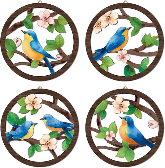 HPNIUB Bird on Birch Tree Branch Wall Decor, Modern Green Leaves Little Birds Laser Cut Artwork, 4 Pieces 10''x10'' Rustic Farmhouse Nature Animals Wall Hanging Plaque for Living Room Bedroom