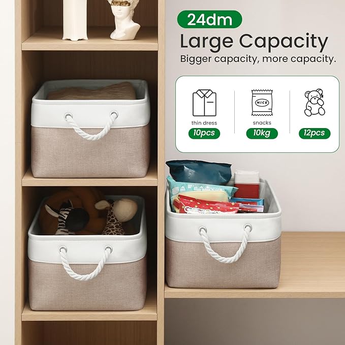Storage Baskets, Fabric Storage Bins, Versatile Storage Baskets for Shelves with Handles, Large Closet Organizers for Shelves, Clothing, Toys, Books (3-Pack 15.7x11.8x8.2 inch, White&Khaki)