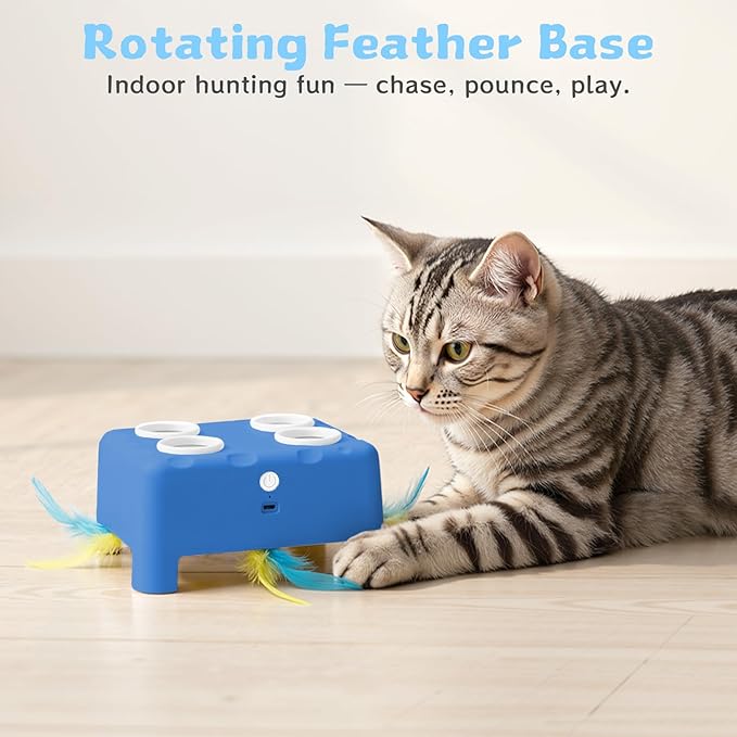 Interactive Cat Toy for Indoor Cats, 3 Modes Feathers Toy, Rechargeable 4 Holes Mole Cat Toys, Cheese Box for Kitten, 6 Accessories (Blue)